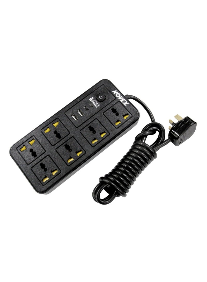 NOVEX N-E106B-3M 6-Way Universal Extension Socket with 2 USB-A + 2 USB-C | 3 Meter Heavy-Duty Cable | Black - Image 4